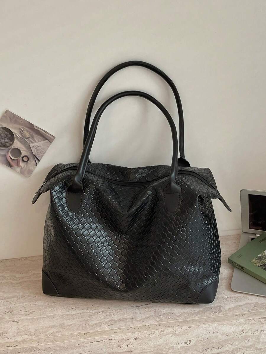 鱷魚壓紋歐美風個性化大容量極簡托特包女款，新款絎縫通勤單肩包 - 黑色 - View 1