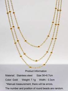 1pc Stainless Steel Minimalist Fashion Multi-Layer Stackable Beaded Necklace, 18K Gold Plated Personalized Luxury Niche Design Collarbone Chain, Daily Commute Gift Accessory - Gold - View 3