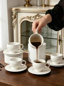 6 Sets/1 Set White Swirl Embossed Wave Pattern Ceramic Coffee Cup & Saucer Set, Vintage European Style Porcelain Teacup, Dishwasher , Afternoon Tea Coffee Cup Gift Set, Suitable For Espresso/Latte, Home Kitchen, Cafe, Table Decor And Gifts - Multicolor - View 3