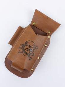 1pc Vintage Pirate Skull Print PU Leather Wine Bottle Waist Belt Pouch, Medieval Renaissance Cosplay Outdoor Camping Beer Bottle Waist Bag, Viking Waist Bag, Halloween Costume Prop - ZSJ - View 3