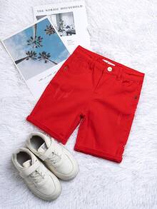 Young Boy Black Denim Shorts With Embroidered Logo, Distressed Wash, Adjustable Elastic Waistband, Stretch Denim Knee Length Pants - Red - View 2