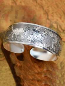 Brazalete ancho de plata vintage bohemio para mujer, brazalete de moda abierto grabado, joyería vintage bohemia - Plata antigua - Ver 16