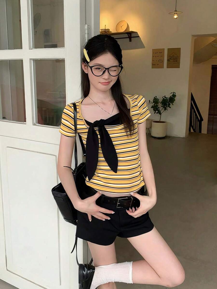 條紋方領短袖T恤,夏季韓風修身蝴蝶結設計短版上衣,女款黃色 - 黃色 - 查看 1