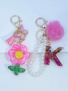 1pc Resin Starry Sky Epoxy Letter Keychain With Black Fur Ball Tassel Decor, Heart Pendant Gift For Friend And Mom - Hot Pink - View 11