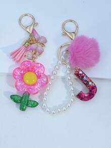 1pc Resin Starry Sky Epoxy Letter Keychain With Black Fur Ball Tassel Decor, Heart Pendant Gift For Friend And Mom - Hot Pink - View 34