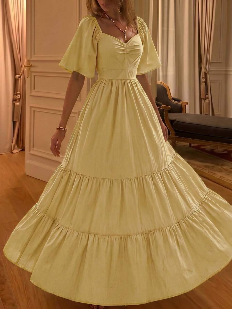 2026 Summer New Arrival French Elegant Dress, Yellow Bohemian Style Square Collar Short Sleeve Waist Flared Skirt, Minimalist Casual Vibe, Suitable For Vacation, Beach, Music Festival, Commute, Date, Leisure Wear