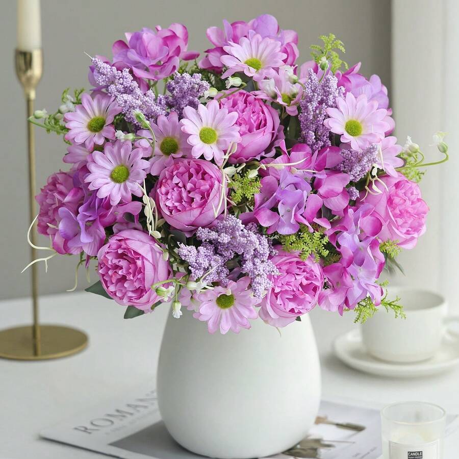 1PC Artificial Simulation Peony Bouquet, With Realistic Texture, Suitable For DIY Vase Flower Arrangement, Indoor/Outdoor Decoration, Home Decoration, Wedding Decoration, Dining Table Decoration, Autumn Decoration - Purple - View 1