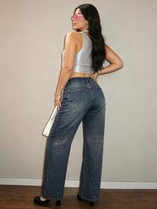 Celana Jeans Denim Wanita Ukuran Besar Pinggang Tinggi dengan Hiasan Rhinestone, Potongan Lurus, Warna Gelap, Gaya Pesta Kasual Mengkilap untuk Musim Gugur - Medium Wash - View 5