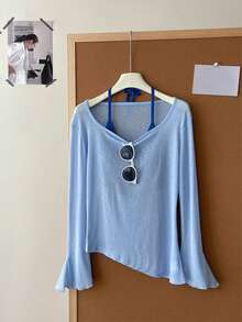 Atasan Camisole Musim Semi/Panas Lembut Tipis untuk Berlapis, Model Lengan Lonceng Bergelombang dengan Hem Asimetris, Atasan Kasual untuk Berlapis. - Biru muda - View 1