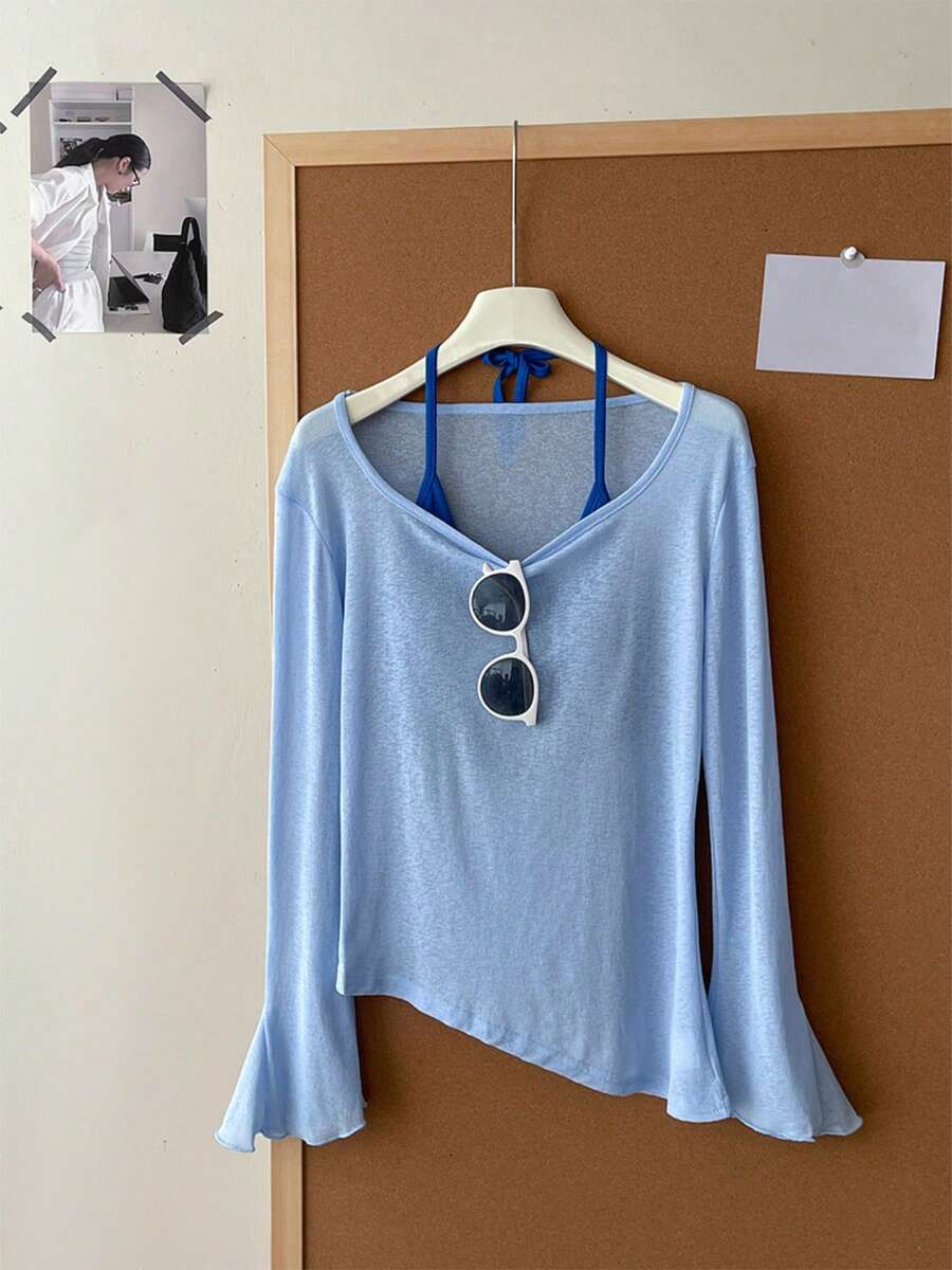 Atasan Camisole Musim Semi/Panas Lembut Tipis untuk Berlapis, Model Lengan Lonceng Bergelombang dengan Hem Asimetris, Atasan Kasual untuk Berlapis. - Biru muda - View 1