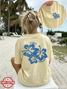 2026 New Summer 100% Cotton Oversized Drop-Shoulder Tee, Double-Sided Hibiscus ALOHA HAWAII Print, Women's Casual Short-Sleeve Round-Neck Top, S-7XL - 黃色 - 查看 1