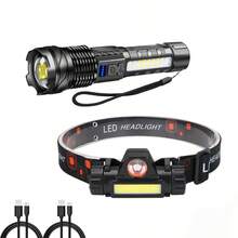 1 Set Flashlight & Headlamp Combo Kit, Dual Light Source USB Rechargeable Torch With Side COB Lamp + Adjustable Head Light, 2 Charging Cables Included For Fishing Camping Emergency Use - Camping Lights - View 8