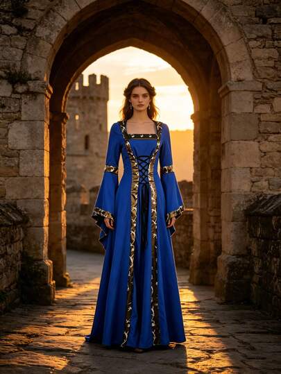 Medieval Vintage Hooded Dress, Square Neck Lace-Up Flare Sleeve Renaissance Maxi Gown With Gold Trim