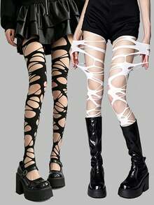 1 Pair Y2K Distressed Punk Style Ripped Dark Fishnet Stockings, Gothic Niche Fishnet Socks - Black - View 13