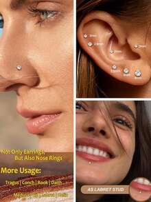 9pcs/Set 16G Stainless Steel Internal Threaded Lip Ring, Nose Stud, Ear Stud With CZ, Suitable For Cartilage, Medusa, Monroe Piercing, Unisex Piercing Jewelry Set - Multicolor - View 2