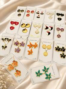 10 Sets - Women's Gold Enamel Flower Heart Shell Butterfly Necklace & Earrings, Stainless Steel Jewelry Set, Suitable For Daily Wear, Party, Gift (Random Shipment) - Multicolor - View 3