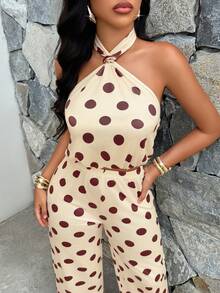 AIJ Casual Sexy Women's Polka Dot Halter Neck Gold Buckle Two Pieces Set, Backless Medium Stretch Outfit, Create A Look Vacation Elegant Summer - Yellow Base With Palm Flowers - View 10