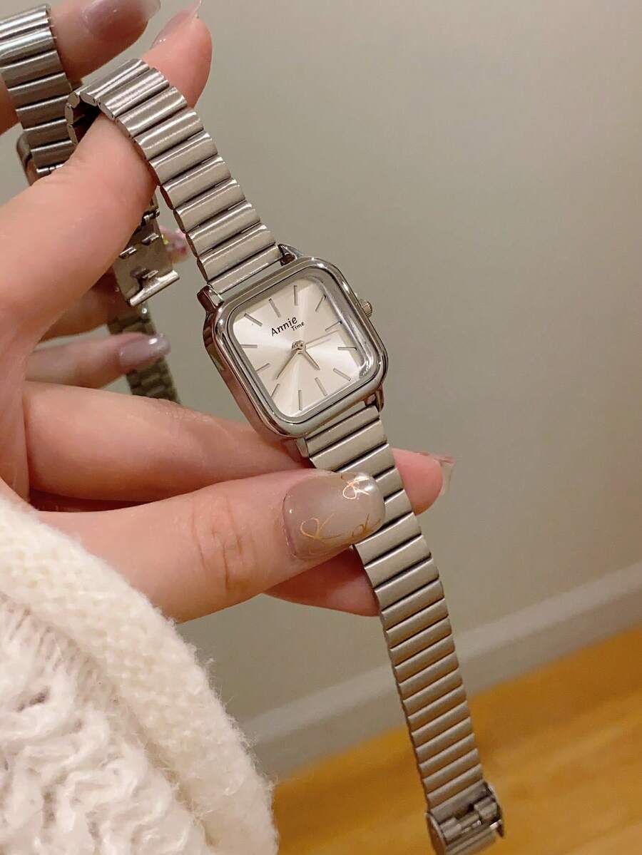 1 pieza Reloj de mujer de acero inoxidable plateado cuadrado clásico y elegante con movimiento de cuarzo. Esfera multicolor apto para uso diario. Como regalo para estudiantes - Unitalla - Ver 1