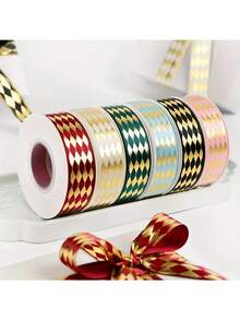 1pc Red & Gold Foil Diamond Lattice Satin Ribbon, Heat-Stamped Diamond Pattern Gift Wrapping Ribbon, Suitable For Halloween, Christmas Bows, Handmade Gifts, Packaging Decoration, Theme Party, Home Decor, Holiday Celebration - Multiple Styles - View 7
