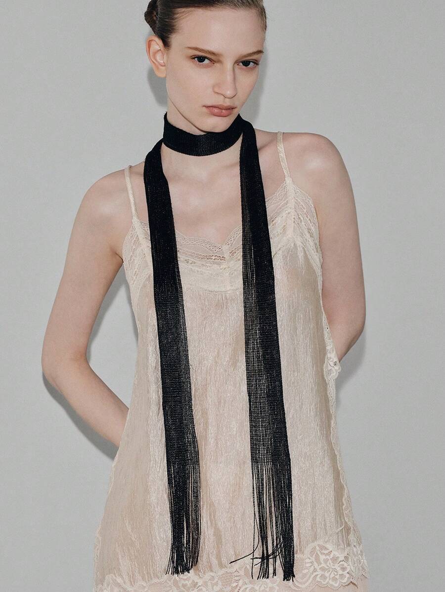 Noxbound 1pc Fashionable & Versatile Women Scarf With Tassels Winter Fall - Pure Black - View 1