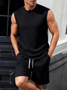 Men's Summer Casual Outdoor Solid Color Textured Fabric Sports Tank Top And Shorts Set - Black - View 2
