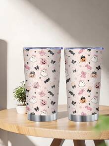 1 pieza/5 piezas Vaso térmico de 20 oz con tema de Halloween rosa lindo, estampado completo de fantasma de dibujos animados lindo, calabaza, lazo y caramelo, taza de viaje con aislamiento al vacío premium, adecuado para amantes de Halloween, viajes por carretera y regalos festivos - Rosa - Elementos de Halloween - Ver 3