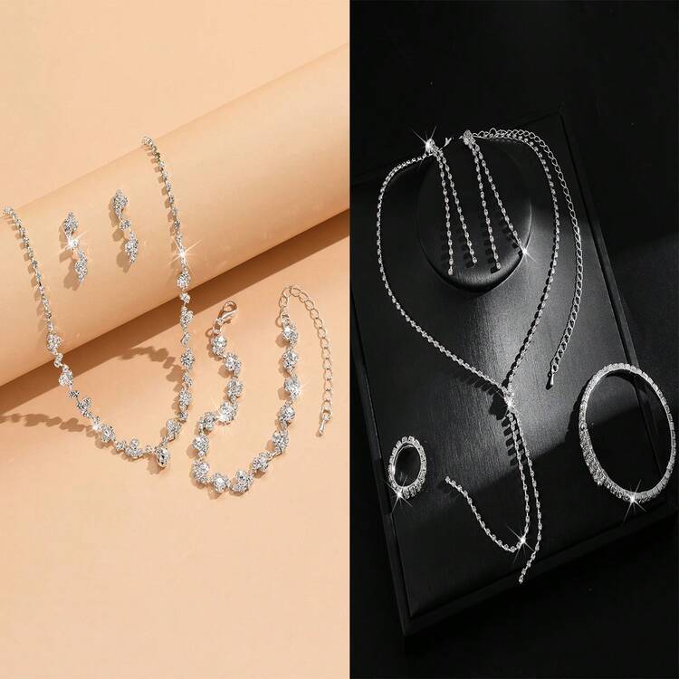 4pcs Delicate Simple Claw Chain Necklace, Earrings, Bracelet Set, Rhinestone Choker Collarbone Chain For Evening Dress Accessory Summer,Jewellery - Silver - View 4