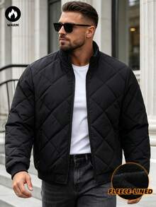Men's Autumn/Winter Outdoor Warm Cotton Padded Coat, Solid Color Sports Stand Collar Zip-Up Fashion Coat - Black - View 2