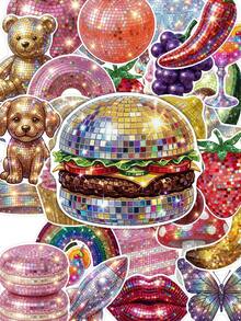 Paquete de 50 pegatinas de purpurina disco Y2K, pegatinas de vinilo brillantes de frutas, postres y plantas para fiestas, adecuadas para portátil, diario, escuela, equipaje y manualidades DIY - Multicolor - Ver 4