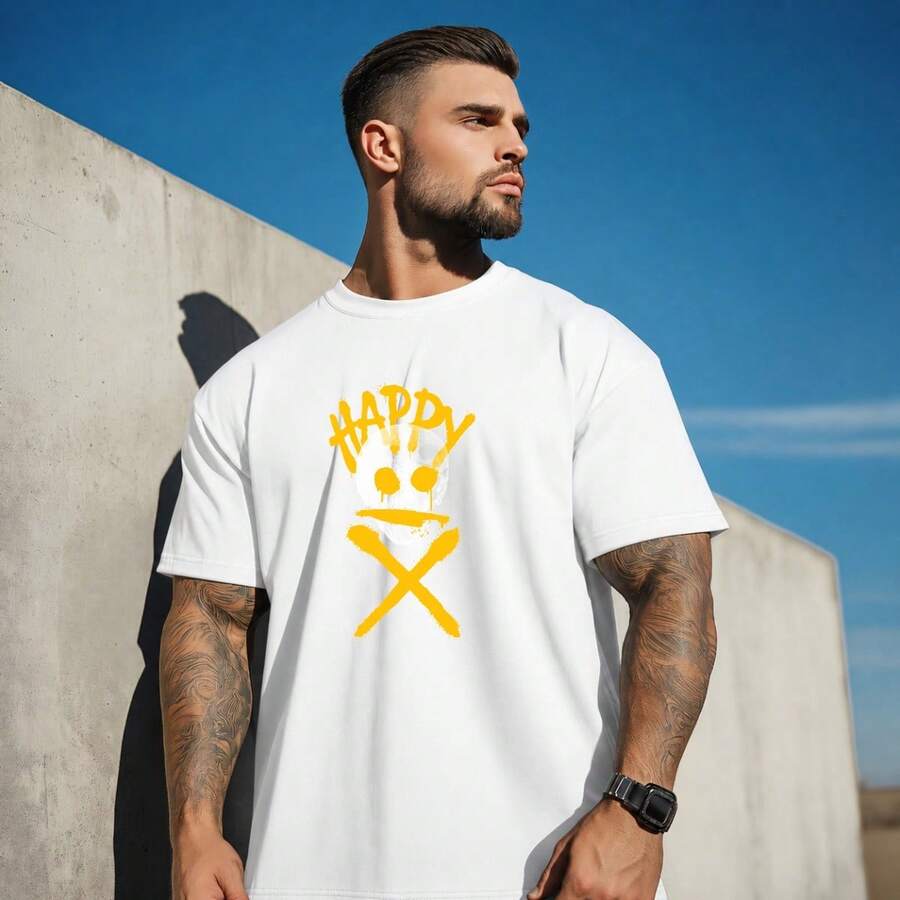 Camiseta Masculina 100% Algodão Várias Cores Estampada Desenho Caveira Amarelo Happy X Camisa Estilo Casual Básico Confortável Macia Passeio Uso Diário - Branco - Visão 1