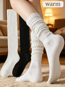 3/2/1 Pairs Women's Ribbed Knit Knee-High Socks, Slimming Fit, Warm, Elastic, Non-Slip, Anti-Slip, College Style JK Boot Socks, Black & White Winter Edition - Multicolor - View 1