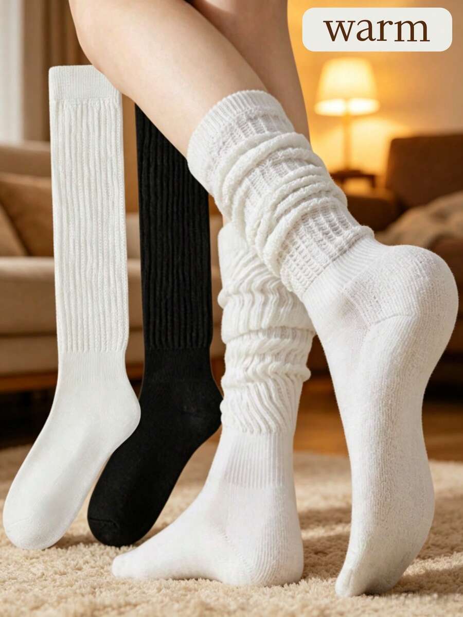 3/2/1 Pairs Women's Ribbed Knit Knee-High Socks, Slimming Fit, Warm, Elastic, Non-Slip, Anti-Slip, College Style JK Boot Socks, Black & White Winter Edition - Multicolor - View 1