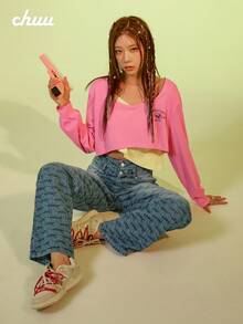 CHUU 女款撞色假兩件式 T-Shirt 春秋字母印花拼接大圓領長袖短版上衣 - 粉色 - 查看 6