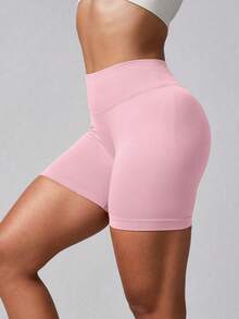 1pc Women's Ribbed Solid Color Seamless Bodycon Sports Shorts, Butt-Lifting Ruched Outdoor Athletic Shorts For Running, Fitness, Cycling, Workout Pink - Pink - View 2