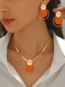 2pcs/Set Creative Personalized Necklace & Earrings Jewelry Set For Women, Fashion Metal Style, Geometric Brushed Round Disc Hollow Circle Layered Design Pendant Necklace, Orange & Gold Contrast Color, Minimalist Elegant Style, Spring/Summer Outfit, Autumn/Winter Matching, Daily, Party, Gathering, Middle Eastern Style, Wedding Season Wear, Holiday Gift For Best Friend/Girlfriend - Multicolor - View 1