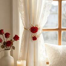 2pcs Luxury Pearl Floral Curtain Tiebacks, 3D Flower Bedroom Living Room Soft Decor Curtain Tie, Window Decoration - Alloy - View 10