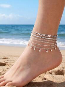 6Pcs Multi Layer Silvery Anklet Set Figaro Chain Rhinestone Dangling Charm Stackable Ankle Bracelets Women Summer Beach Foot Jewelry - Silver - View 1