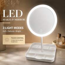 Espejo de maquillaje LED con luz de 3 colores & 3 niveles de atenuación, CRI 95 alta reproducción de color, control táctil, con base de almacenamiento, recargable por USB, 500mAh - BS-06 - Ver 6