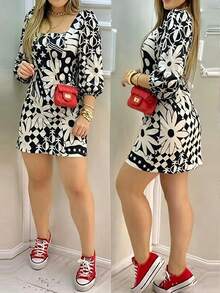 Vestido de longitud hasta la rodilla de tela tejida con estampado de flores y geométrico, adecuado para uso diario casual en verano, vacaciones, primavera, elegante - Negro - Ver 1