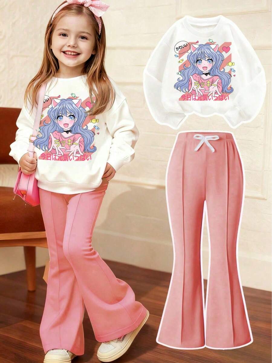 Young Girl Cartoon Pattern Crew Neck Sweatshirt And Flare Pants - Pink - View 1