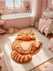 1 pièce Tapis en forme de citrouille d'Halloween avec chat orange qui l'embrasse, tapis décoratif, tapis de sol, tapis, tapis de salon, tapis de chambre, tapis universel - Multicolore - Voir 5