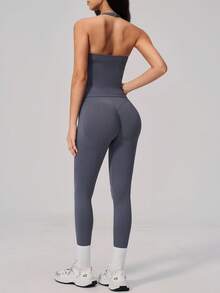 NcmRyu Women's One Set Solid Color Halter Neck Backless Tank Top Ribbed Waist Leggings Sports Set - Grey - View 3