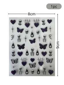 1pc Purple Glitter Butterfly Heart Skull Spider Web Face Decoration Sticker With Self-Adhesive Backing, Halloween Sweet Cool Gothic Party Atmosphere Face Makeup Sticker, Multi-Element Design For Forehead, Around Eyes, Cheeks, Easily Create Sweet Spicy Dark Niche Atmosphere Makeup - Multicolor - View 5