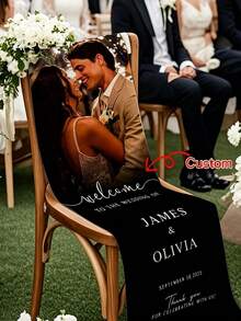 1pc Customized Wedding Chair Decor Banner - Personalized Photo/Text - Made Of Durable Polyester Fabric, Exquisite Design, Easy To Install, Elegant Customized Wedding Chair Decoration, Suitable For Lawn, Garden, Living Room, Birthday Party - Multicolor - View 1