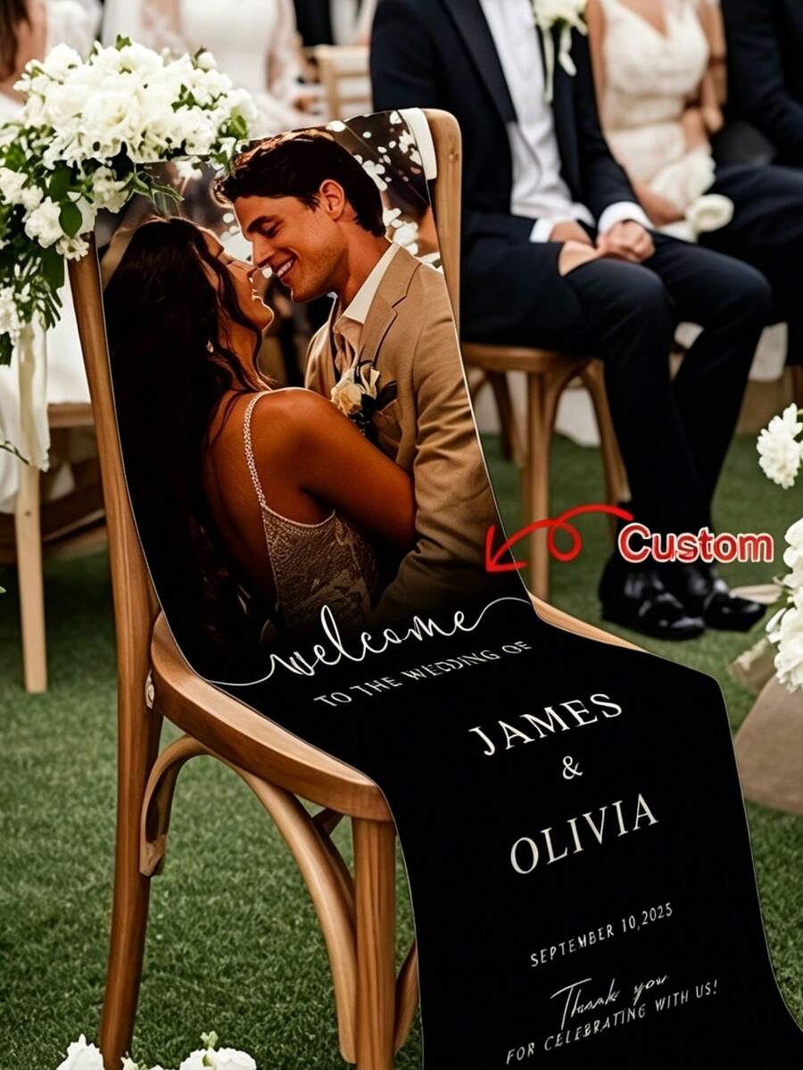 1pc Customized Wedding Chair Decor Banner - Personalized Photo/Text - Made Of Durable Polyester Fabric, Exquisite Design, Easy To Install, Elegant Customized Wedding Chair Decoration, Suitable For Lawn, Garden, Living Room, Birthday Party - Multicolor - View 1