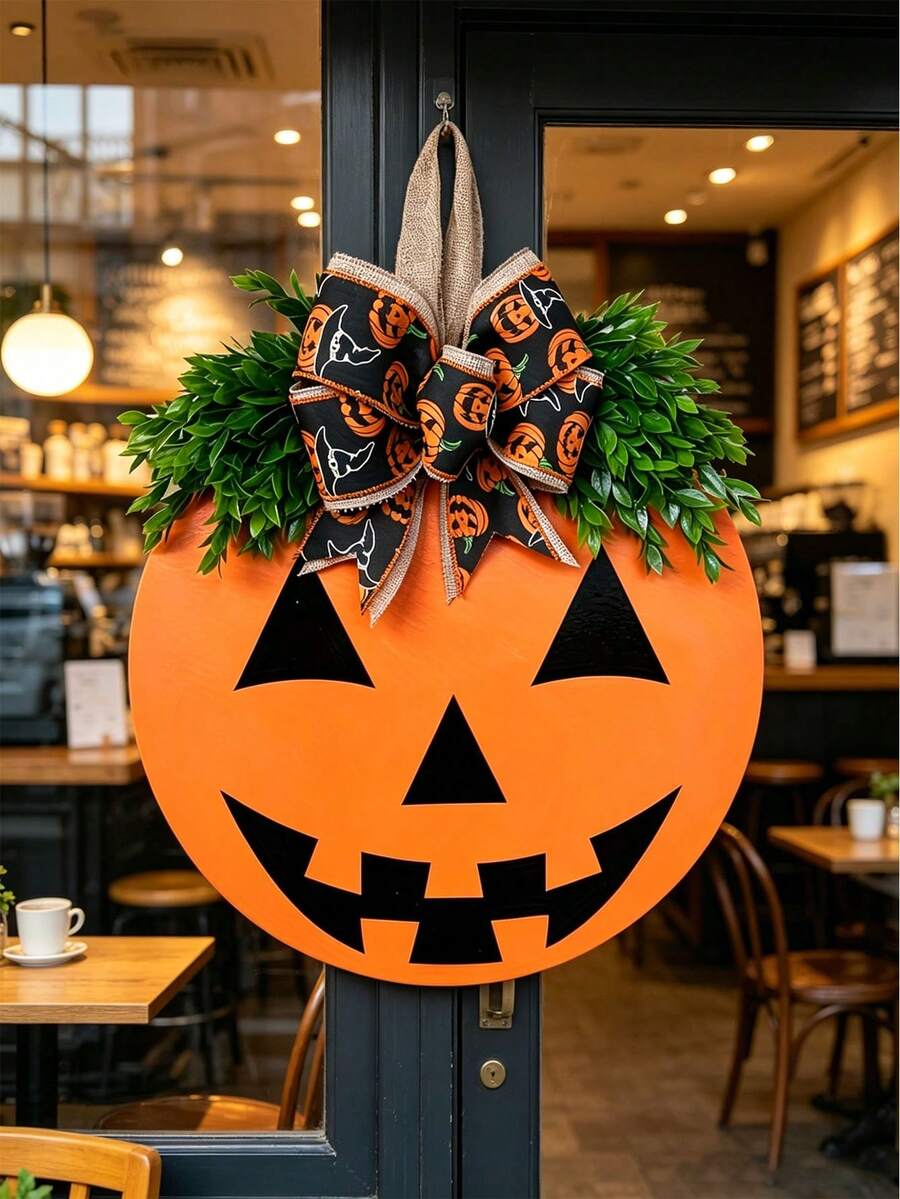 Halloween Pumpkin Door Decor - Orange Jack-O'-Lantern With Bow, No Power Required, Easy To Display Indoors And Outdoors - Thanksgiving And Halloween Party Decoration - Lightweight And Durable Autumn Home Decor, Front Door Decoration, Seasonal Decor - Multicolor - View 1