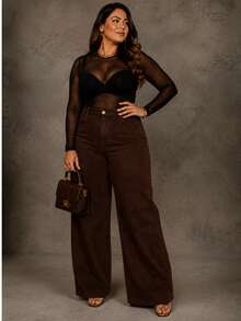 Women's Wide Leg Plus Size Jeans - High Quality - Coffee Brown - View 9