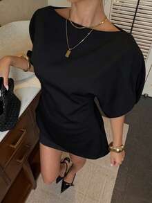 DEEKA Summer New Arrival Women's Fashion Versatile Petal Sleeve Black Graduation Top - Black - View 4