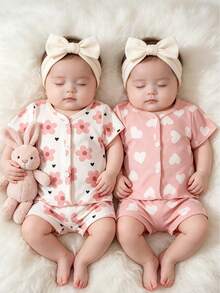 4 Stück/Set süßer Neugeborenen Baby rosa Herz & Blumen Muster Kurzarm Strickjacke + bequeme Shorts Pyjama Set, Kleinkind Hauskleidung - Verschiedenfarbig - Übersicht 1