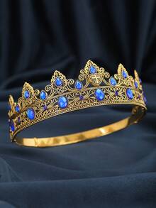 Vintage Silver Hollow Gothic Crown For Men, Cross Shield Black Crystal Inlaid Adjustable Metal Crown, Groom Wedding Evening Party Birthday King Cosplay Photography Accessory - Multicolor - View 11